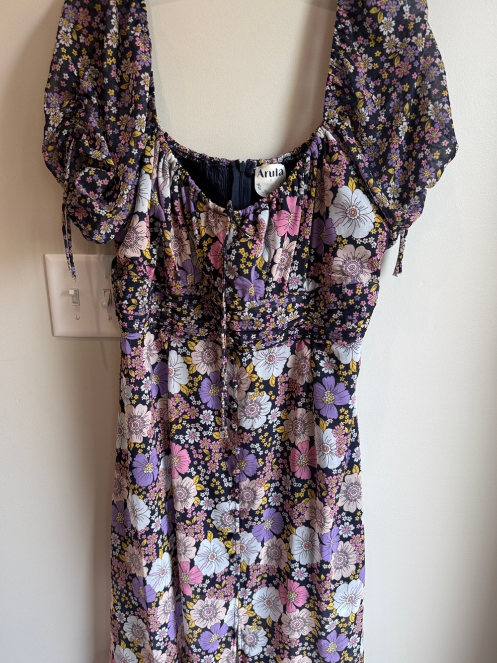 ARULA Black Floral Midi Dress with Purple, Pink & White Blooms